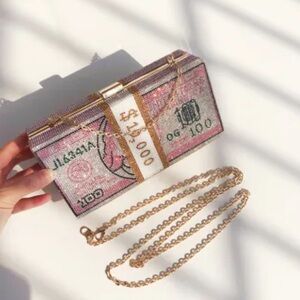 Brand New money dollar clutch bag, crossbody, handbag. Rhinestone bling purse